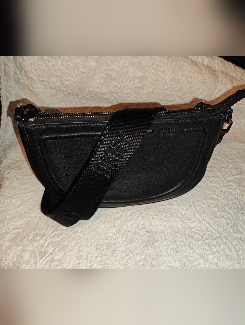 DKNY Black Leather Crossbody Bag with Branded Strap